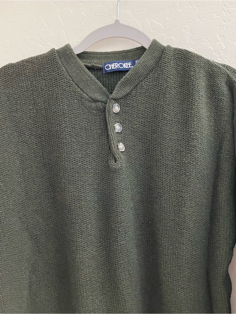 Vintage Cherokee Men’s Medium Green Henley Knit Sweater Made in USA Cotton Blend - Picture 4 of 9